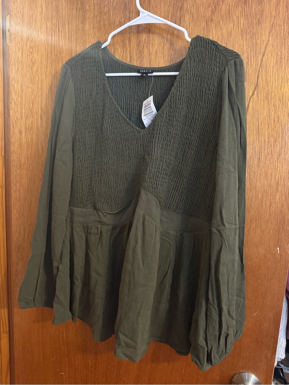 torrid Olive Smocked V-Neck Peplum Long Sleeve Blouse